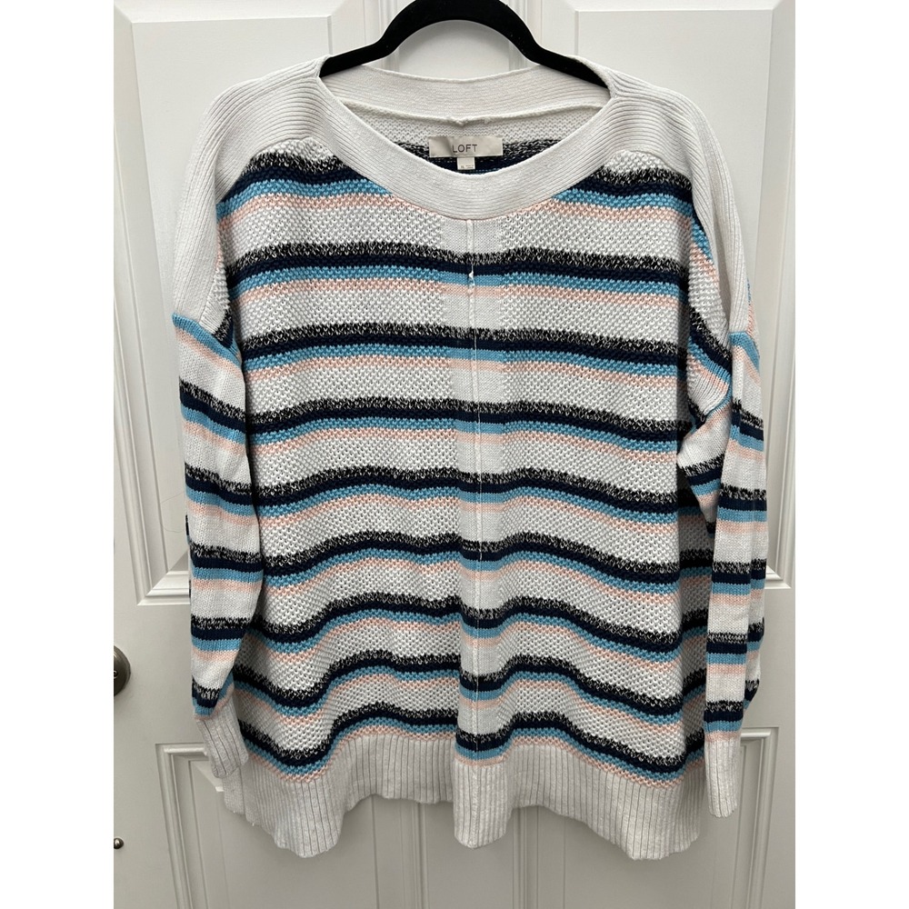 Loft Womens XL White Striped Knit Sweater Blue Pink Crew Neck Long Sleeve Drop